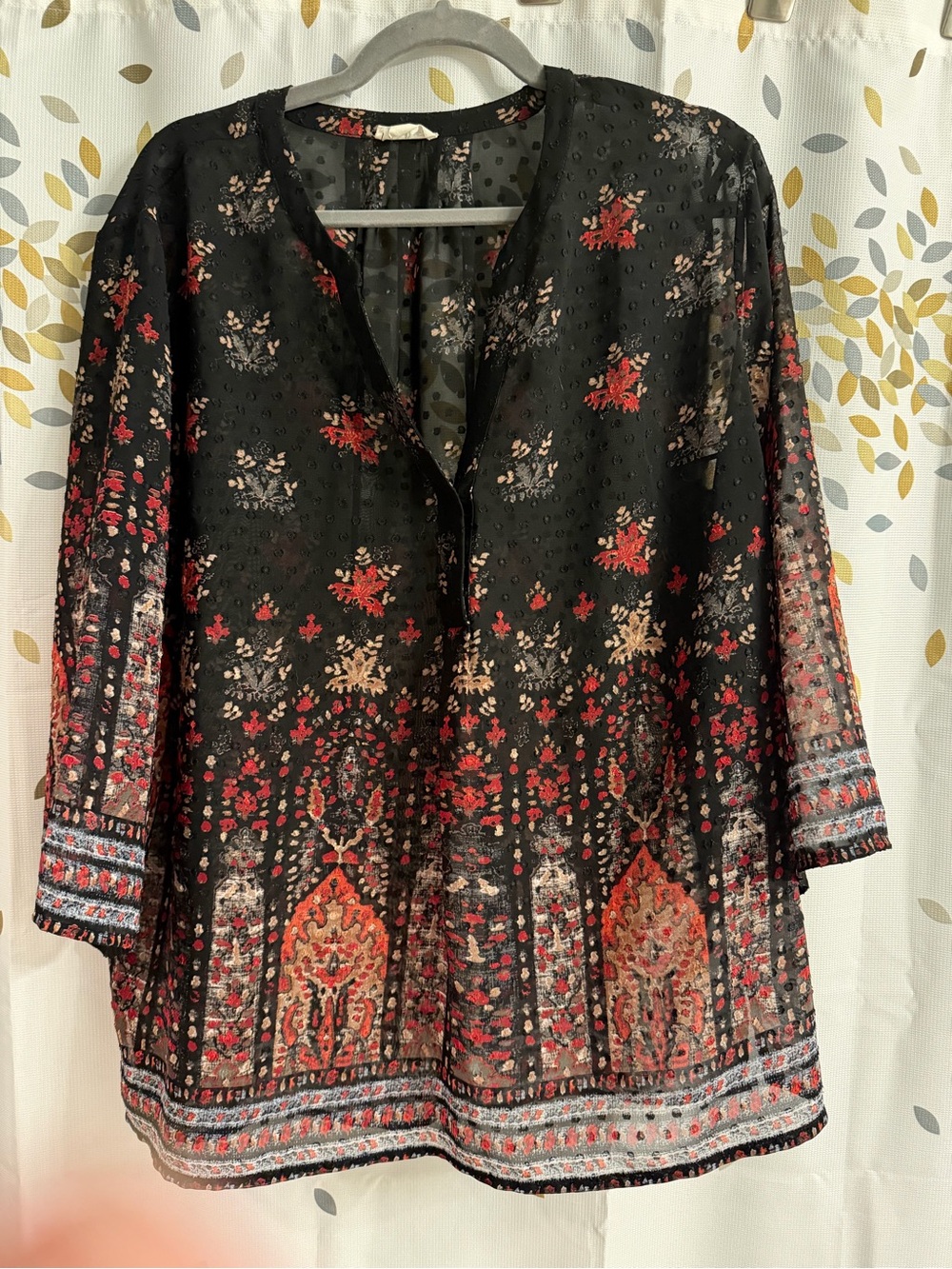 Black Floral Border V-Neck Tunic Top